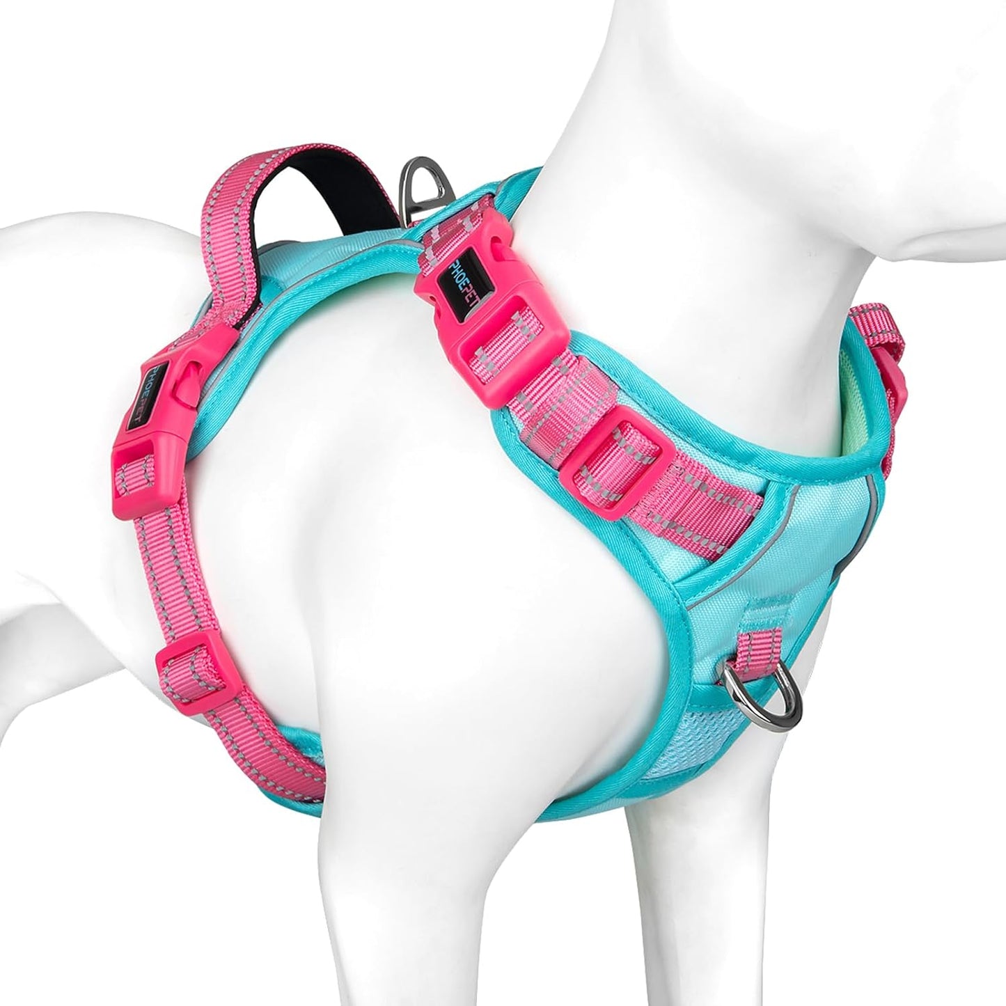 PHOEPET No Pull Dog Harness, Unique Colors Reflective Adjustable Dog Vest, with Soft Training Handle Metal Clips for Small Medium Large Dogs (Mint Green Base & Pink Straps,S)