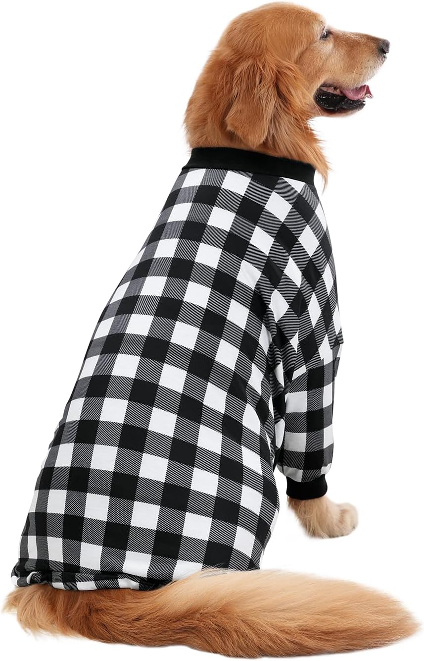 HDE Dog Pajamas One Piece Jammies Jumpsuit Pet Clothes Outfit Stretchy Lightweight Comfy Shirt Pjs for M-3XL Dogs Black & White Buffalo Plaid - 2XL