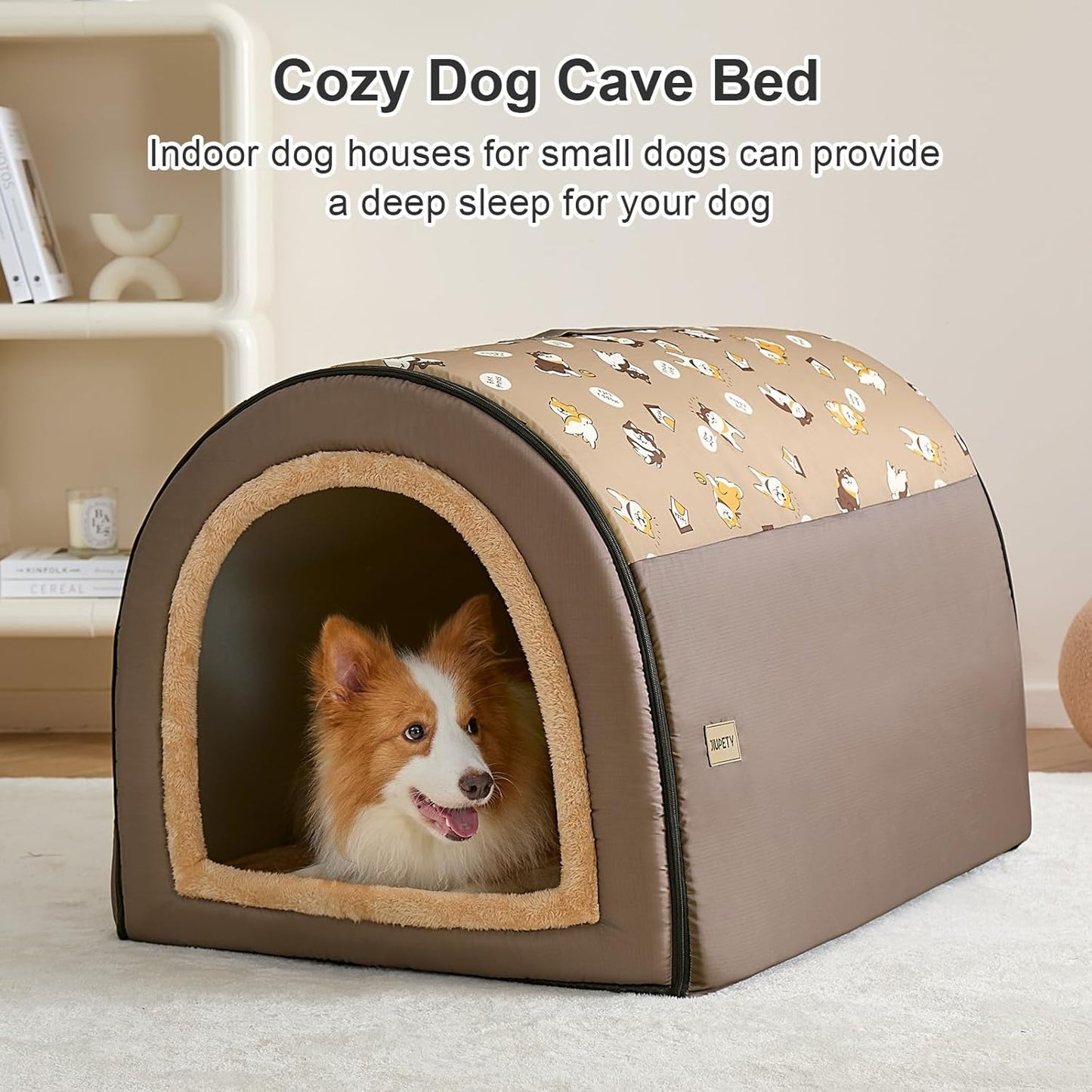 Jiupety 2 in 1 Dog House Indoor, Comfy Cave Bed Covered Dog Bed, Portable House for Medium and Large Dogs, 2XL(35"×27"×26"), Up to 70 Lb, Brown