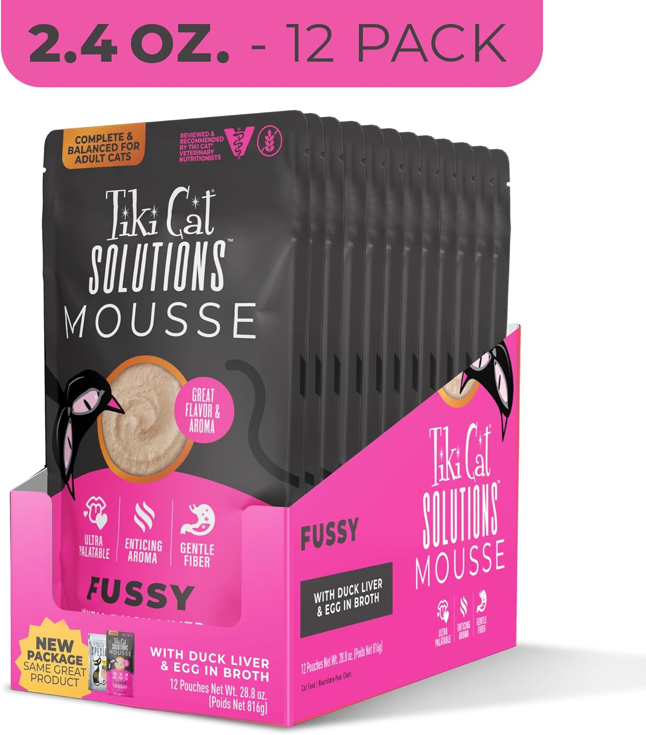 Tiki Cat Solutions Fussy Mousse, Duck Liver & Egg, Specially Formulated to Support Healthy Digestion, Functional Wet Cat for Adult Cats, 2.4 oz. Pouch (12 Count)