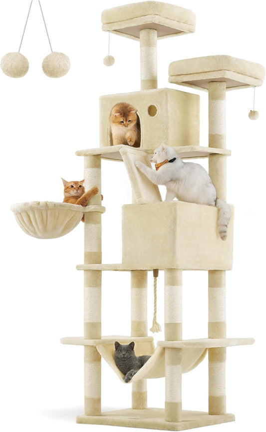 Feandrea Cat Tree, 81.1-Inch Large Cat Tower with 13 Scratching Posts, 2 Perches, 2 Caves, Basket, Hammock, Pompoms, Multi-Level Plush Cat Condo for Indoor Cats, Beige UPCT190M01