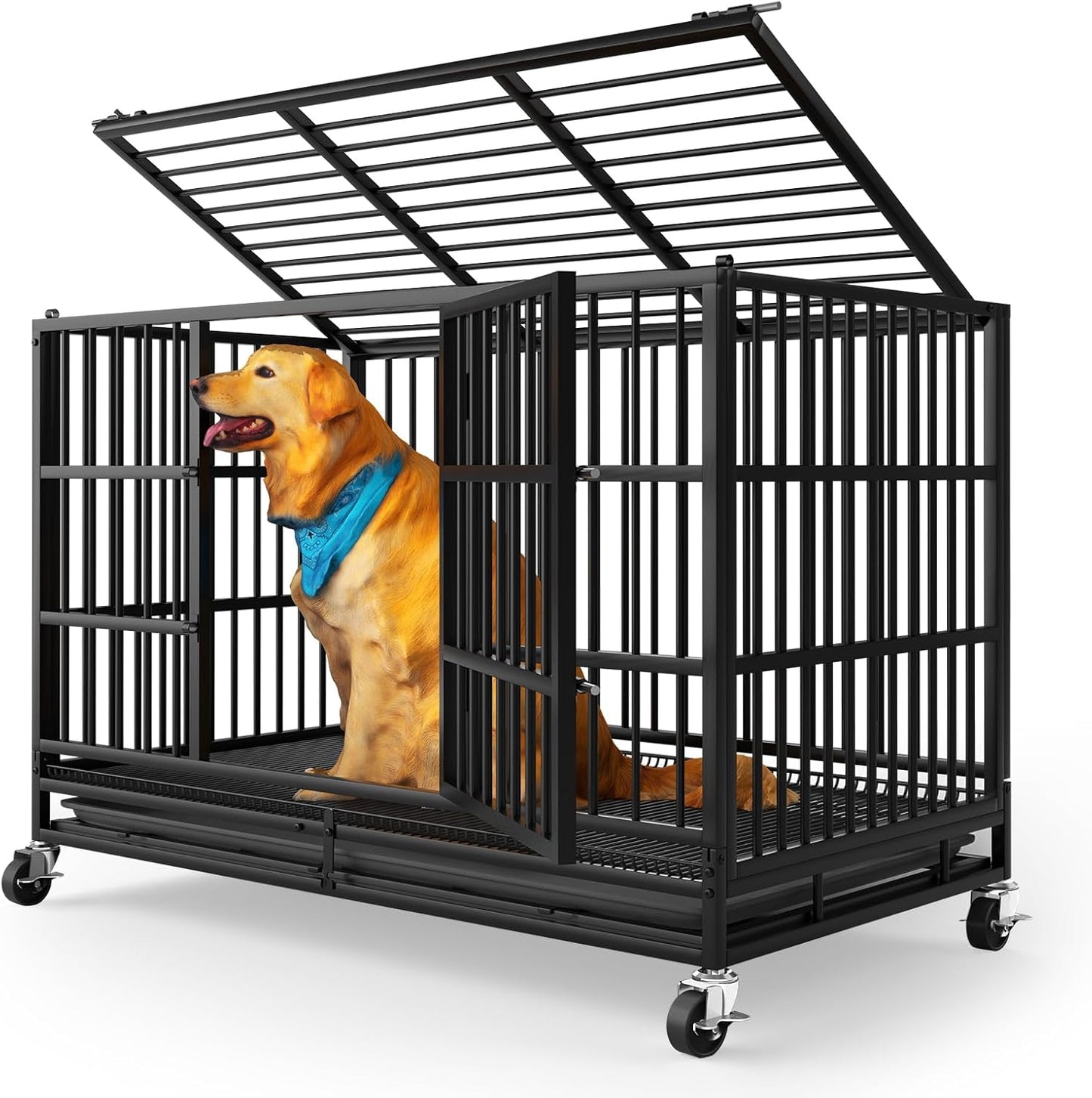 LEVELEVE 54 Inch Heavy Duty Indestructible Dog Crates for Large Dogs，Escape Proof Dog Cage Large Dogs with Lockable Wheels，Dog Kennel Furniture Indoor&Outside