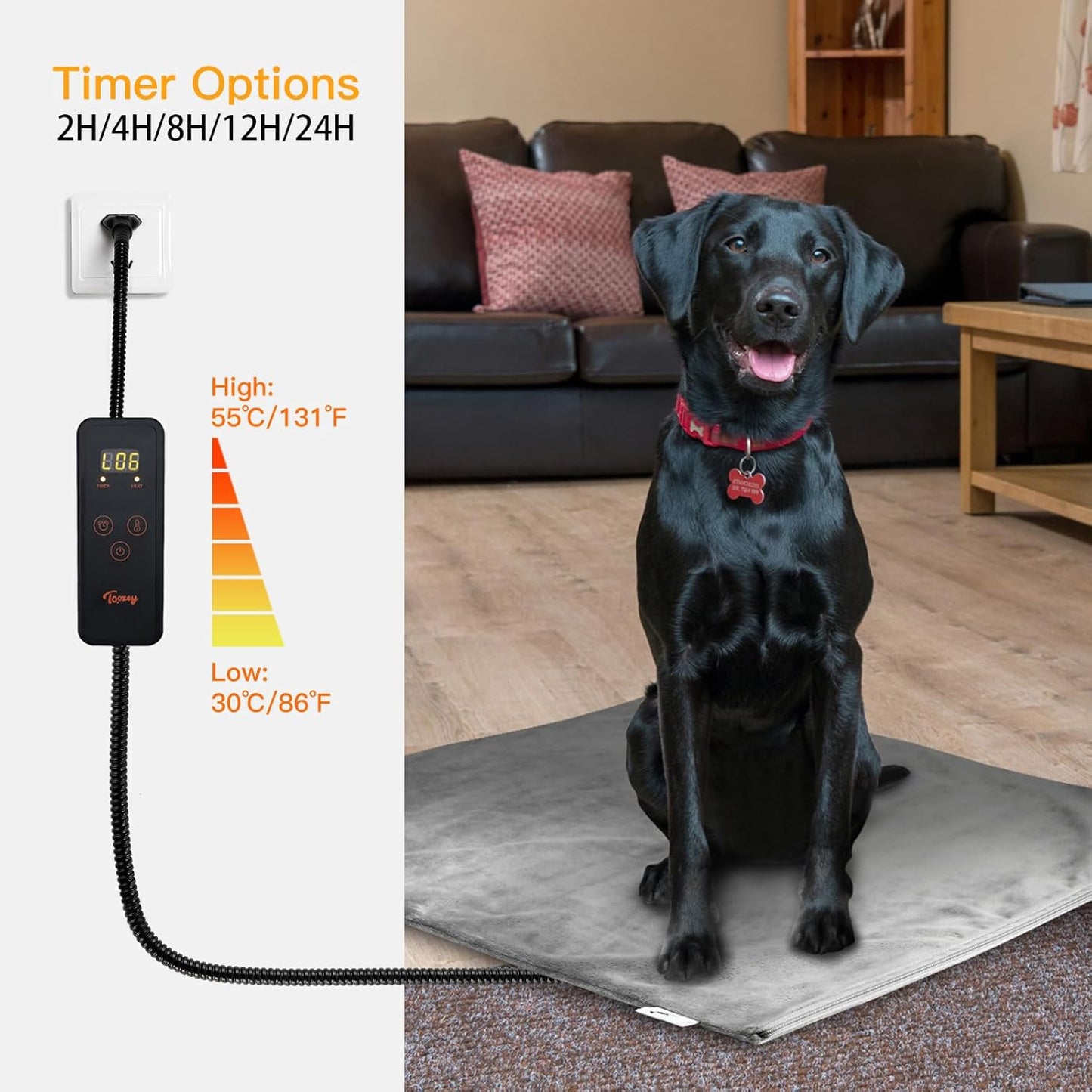 Toozey XL Pet Heating Pad, Waterproof & Chew Resistant, 6 Temp Settings with Timer, 47x28 in for Dogs & Cats