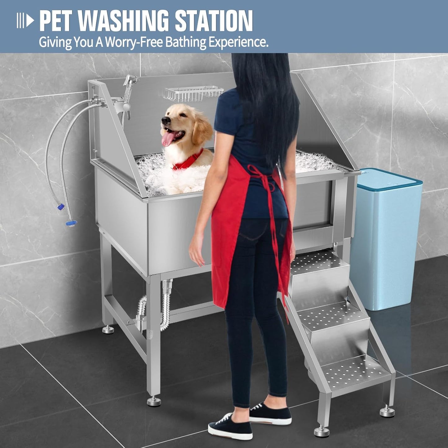 38"" Pet Dog Bathing Station W/Ramp, Professional Stainless Steel Dog Grooming Tub W/Soap Box, Faucet,Rich Accessory, Dog Bathtub for Large,Medium,Small Pets, Washing Sink for Home,R-RAMP
