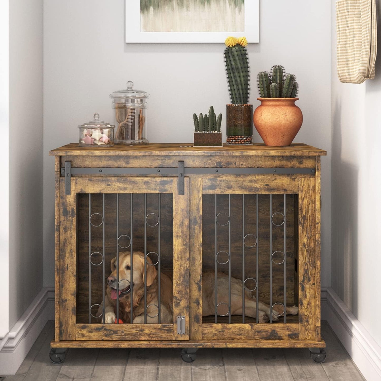 IchbinGo Large Dog Crate Furniture with Sliding Barn Door, 43.7" Wooden Dog Kennel End Table with Wheels and Flip-top Plate Dog House with Detachable Divider for Small/Medium/Large Dog (Rustic Brown)