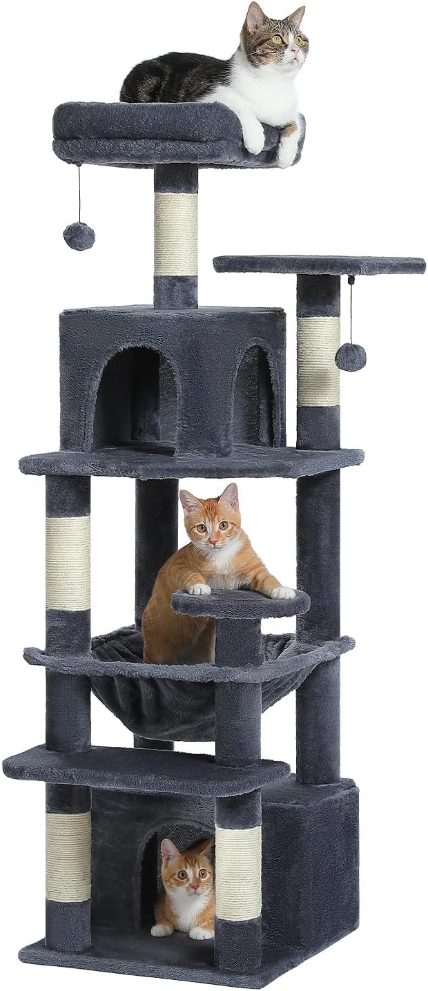 PAWZ Road Cat Tree, 53.5 Inches Tall Cat Tower with Spacious Hammocks, Condos and Scratching Posts, Cat House with Dual Padded Perches for Indoor Large Cats-Dark Gray