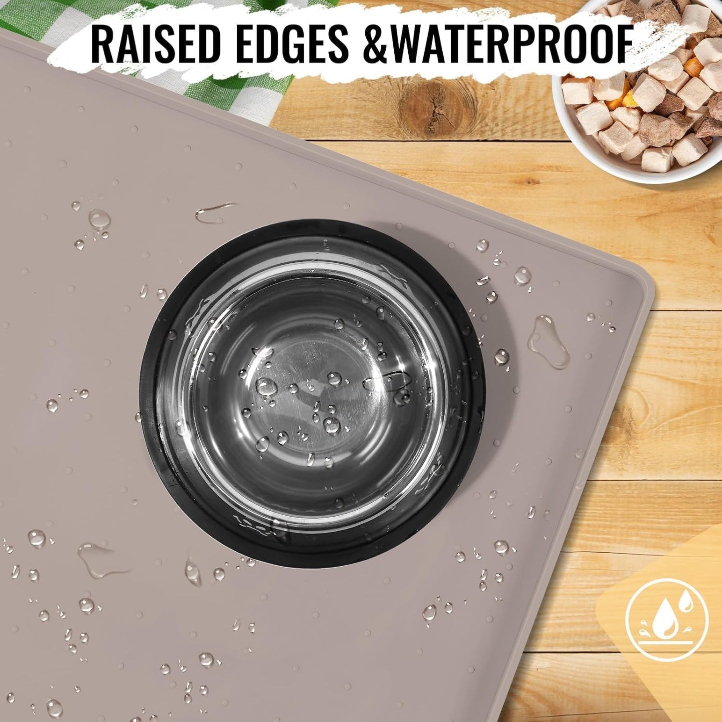 MateeyLife Dog & Cat Food Mat - Waterproof, Nonslip, Raised Edges, Silicone Tray for Messy Drinkers, 18"x12", Taupe