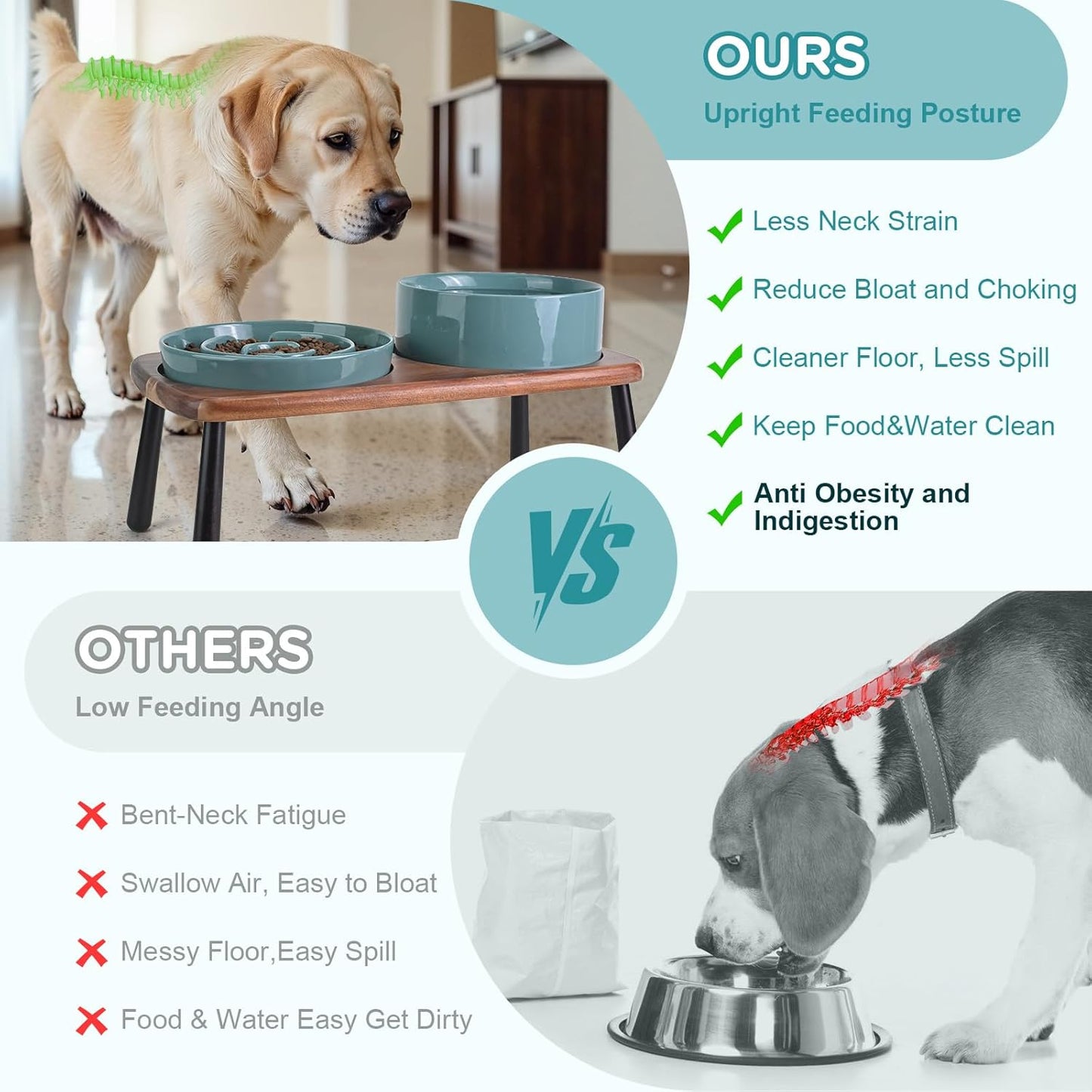 SPUNKYJUNKY Ceramic Elevated Dog Bowls with Slow Feeder Raised Acacia Bamboo Wooden Stand, 8.3'' Dog Food Water Bowls Set Non-Slip for Medium Large Sized Breed Microwave Dishwasher Safe - Dark Green