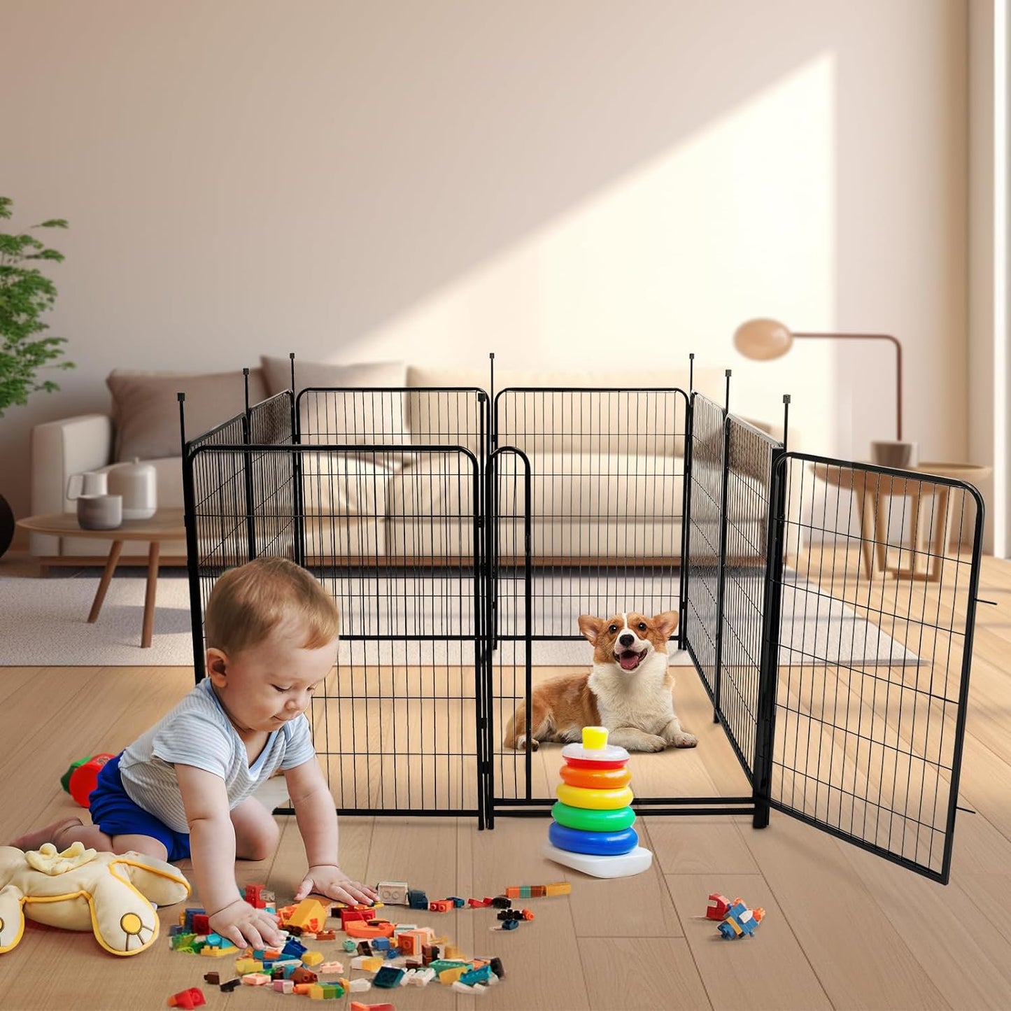 Tall Garden Fence and Borders,Wide Gate Low Threshold Fence Panels, 40in(H) 4 Panels Total 8.9 Ft(L) Animal Barrier Fence, Heavy Metal Dog Fence Outdoor for Yard