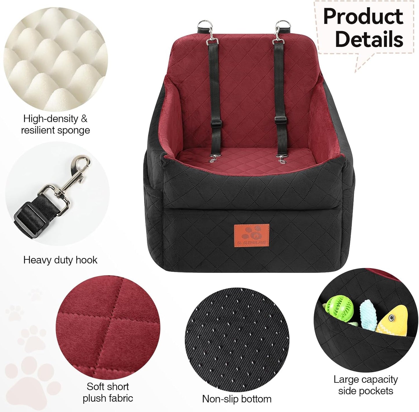 Dog Car Seat for Small/Medium Dogs, Dog Booster Car Seats with Thick Cushion for Dogs Under 35lbs, Detachable Washable Pet Car Seat with Storage Pockets, 2 Safety Belts(Black/Red)