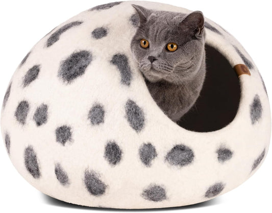 MEOWFIA Cat Cave – Premium Felt Cat Bed for Indoor Cats, Handmade 100% Merino Wool (Large, Snow Leopard)