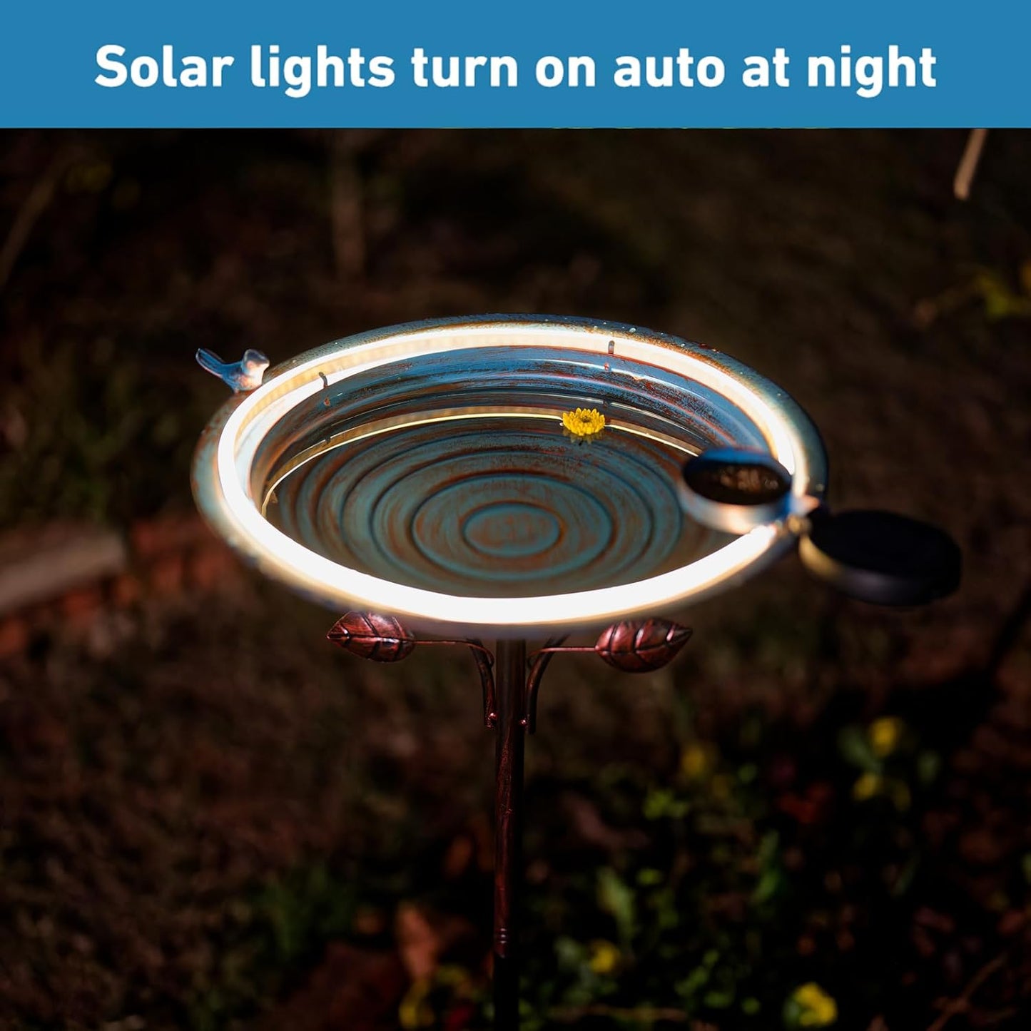 Metal Bird Bath with Stake, Large Standing Birdbath with Solar Light, 39" Tall Bird Bath & Feeder with 15" Bowl & Decorative Cast Iron Bird for Outside Garden Patio Yard Decor