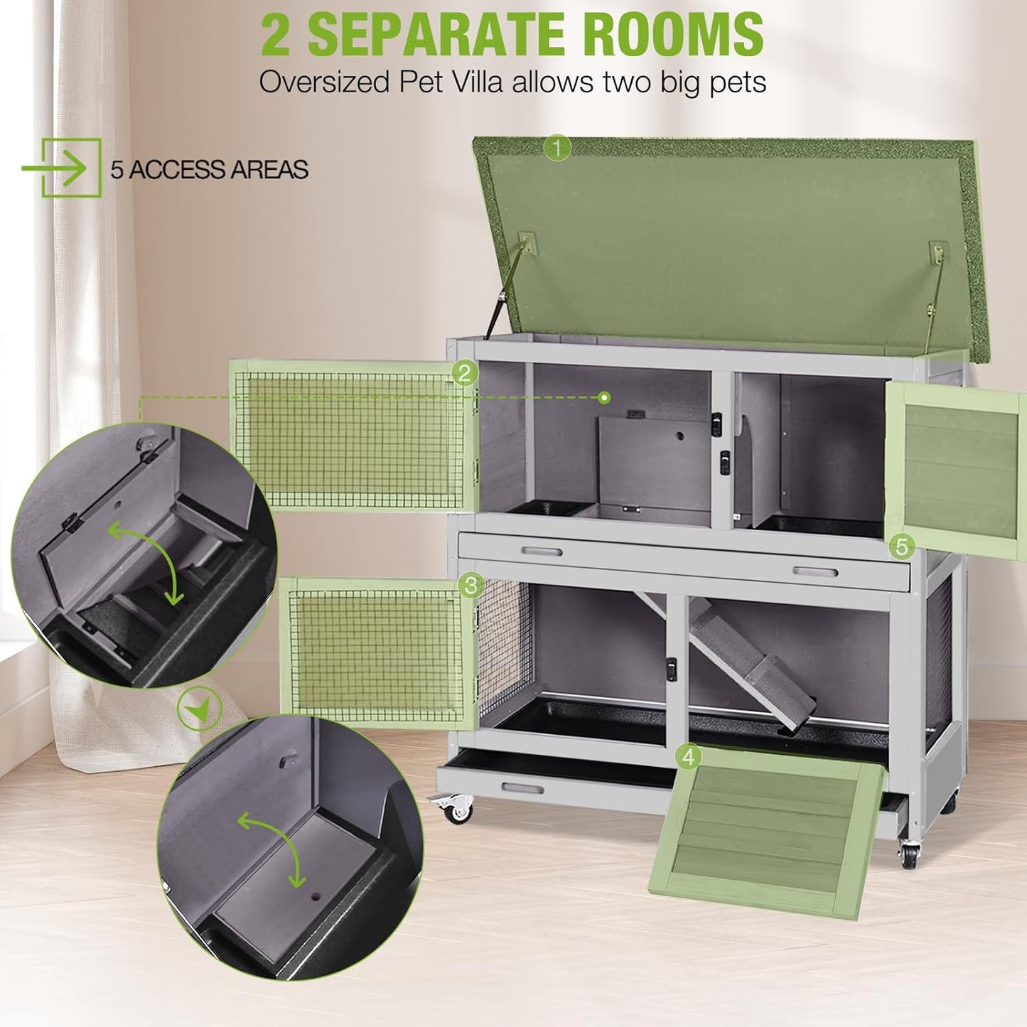 2 Story Rabbit Hutch Indoor Outdoor Rabbit Bunny House Guinea Pig Cage Wooden Pet House for Small Animals with 2 Large Rooms, Chewproof Ramp, Ventilation Door, Removable Trays (Grey)