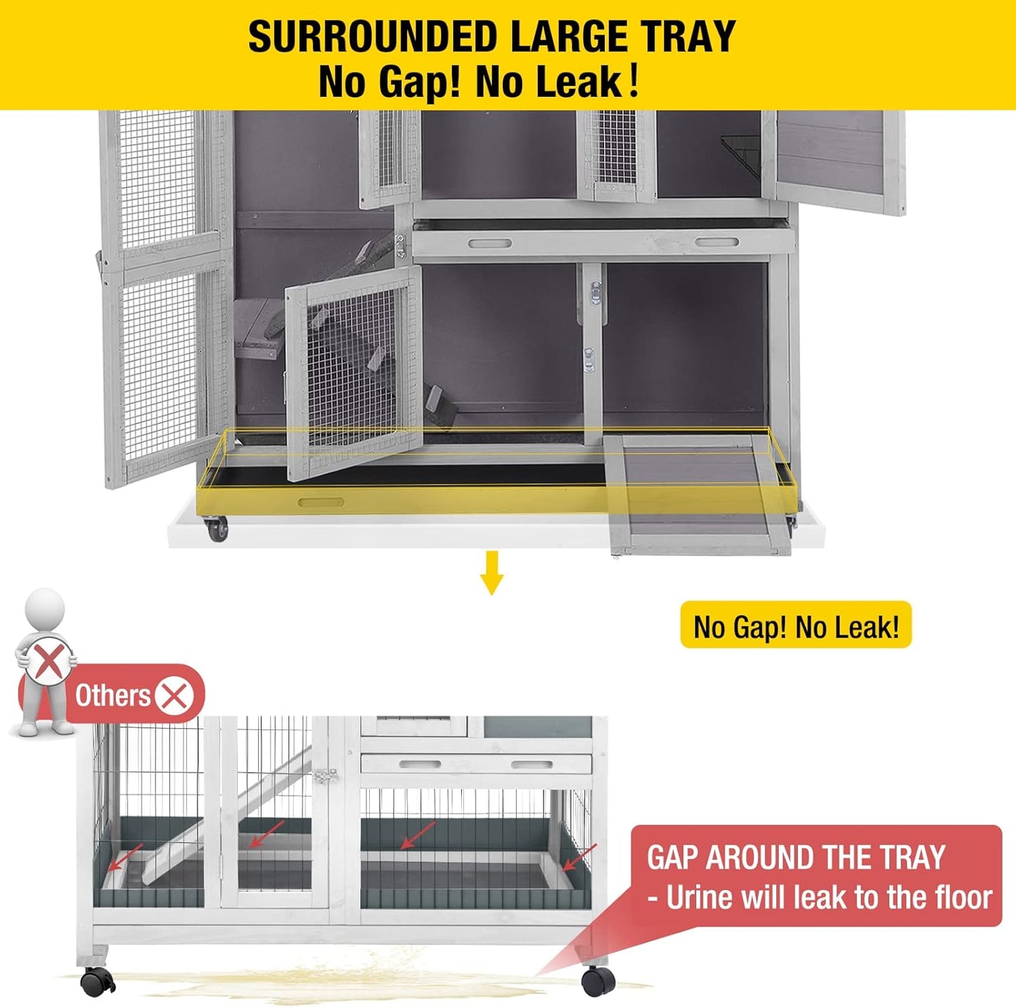 Aivituvin 47" Two Story Rabbit Hutch Bunny Cage with Wheels, Indoor Outdoor Guinea Pig Cage with 2 Deep No Leak Tray