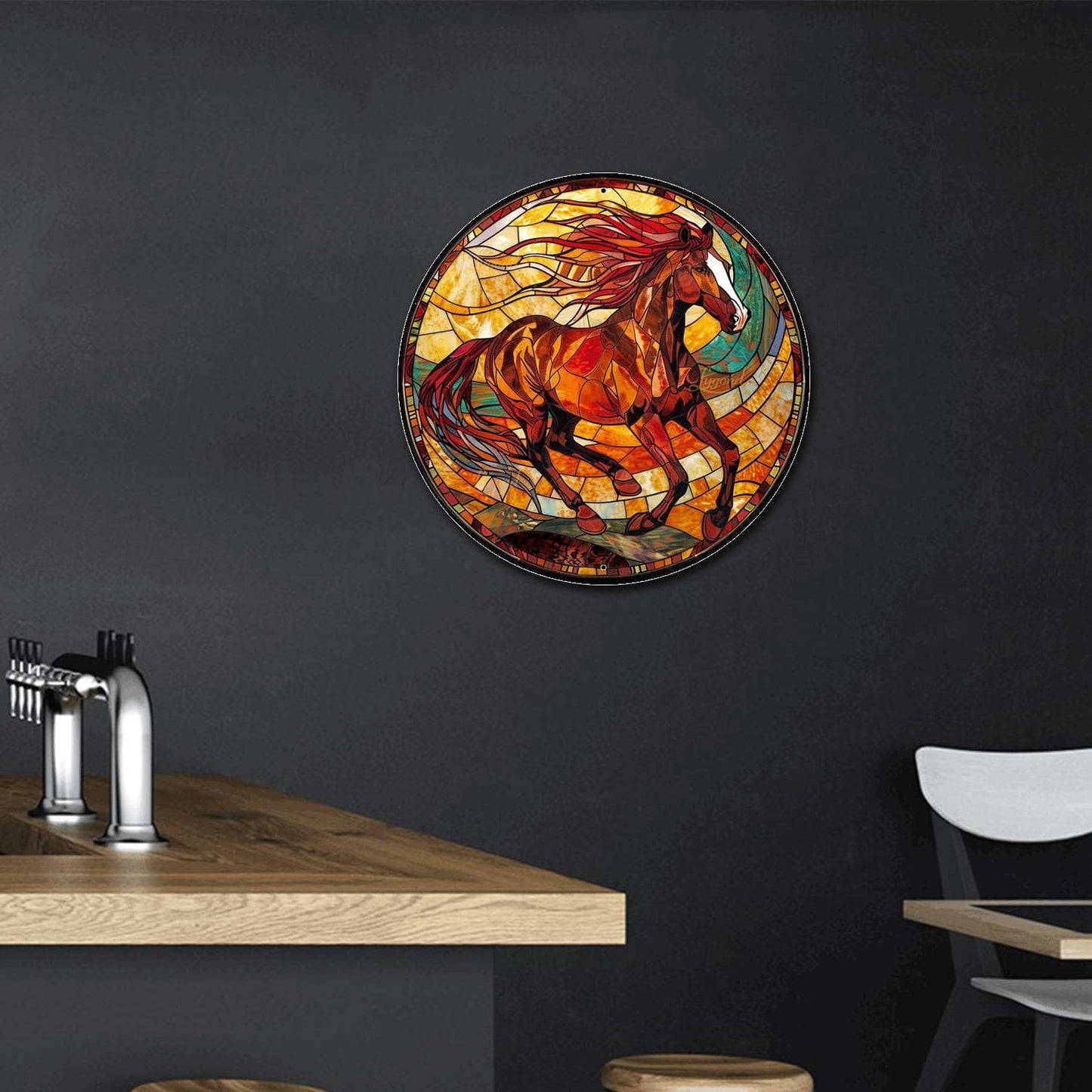 Lygond Metal Sign Tin Sign Circular Stained Glass American Mustang Bar Signs for Home Decor for Garden 12×12 Inches