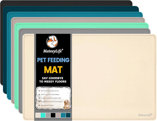 MateeyLife Dog & Cat Food Mat, Waterproof & Nonslip Silicone Feeding Mats for Dogs and Cats, Raised Edge Tray for Messy Drinkers, 18"x12", Beige
