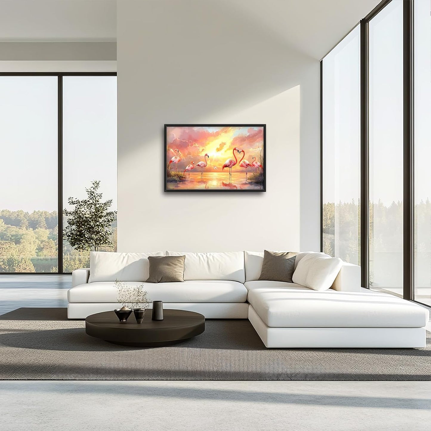 Large Flamingo Wall Art for Living Room, Framed Oversized Sunset Lake Wall Decor Landscape Canvas Painting Pictures Modern Artwork for Living Room Bathroom Bedroom Office Dining Room 36"x24"