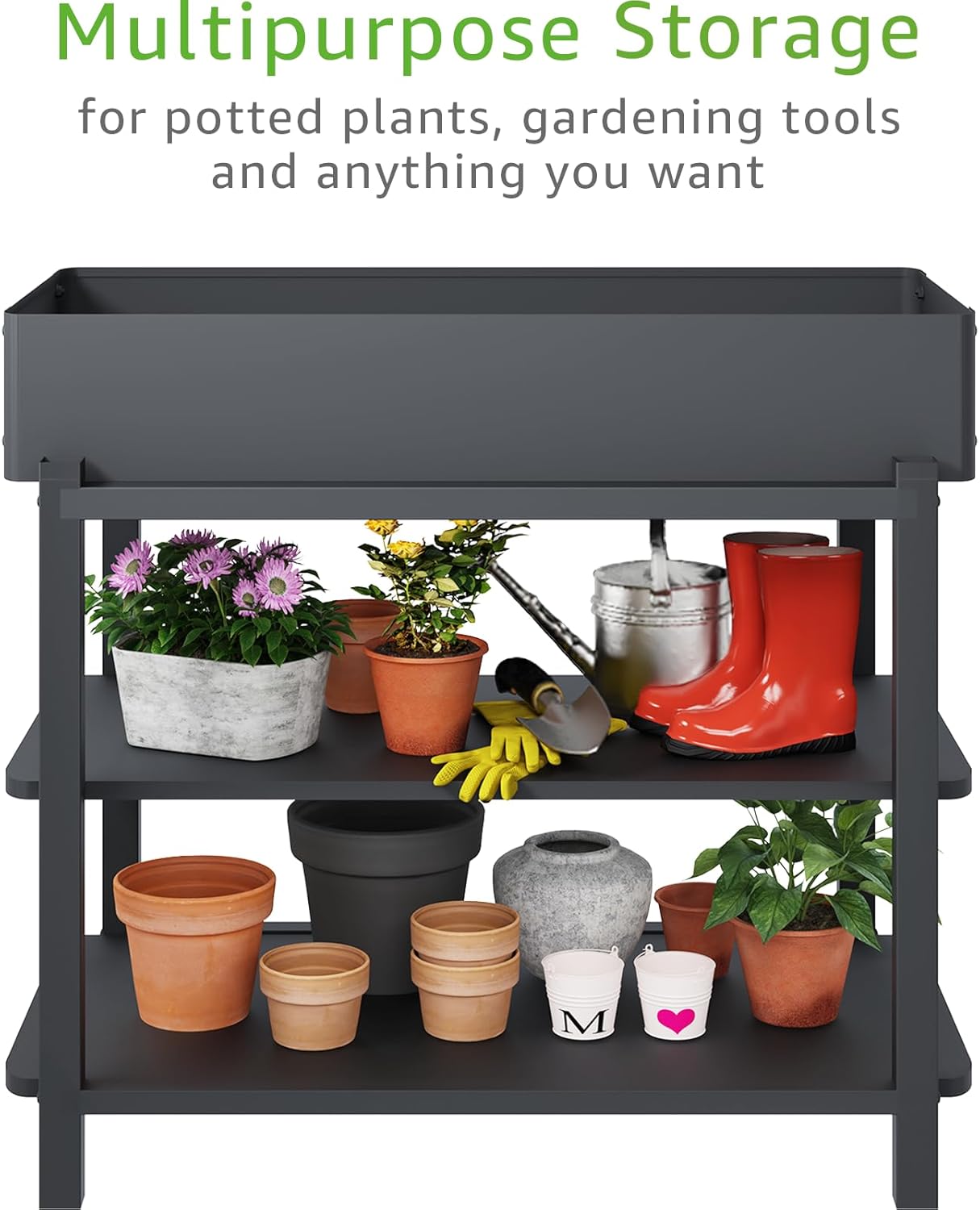 Metal Raised Garden Bed with Trellis, Elevated Planter Box with Legs for Outdoor Patio, Iron Standing Garden Box for Vegetables, Herbs, Flowers, Climbing Plants