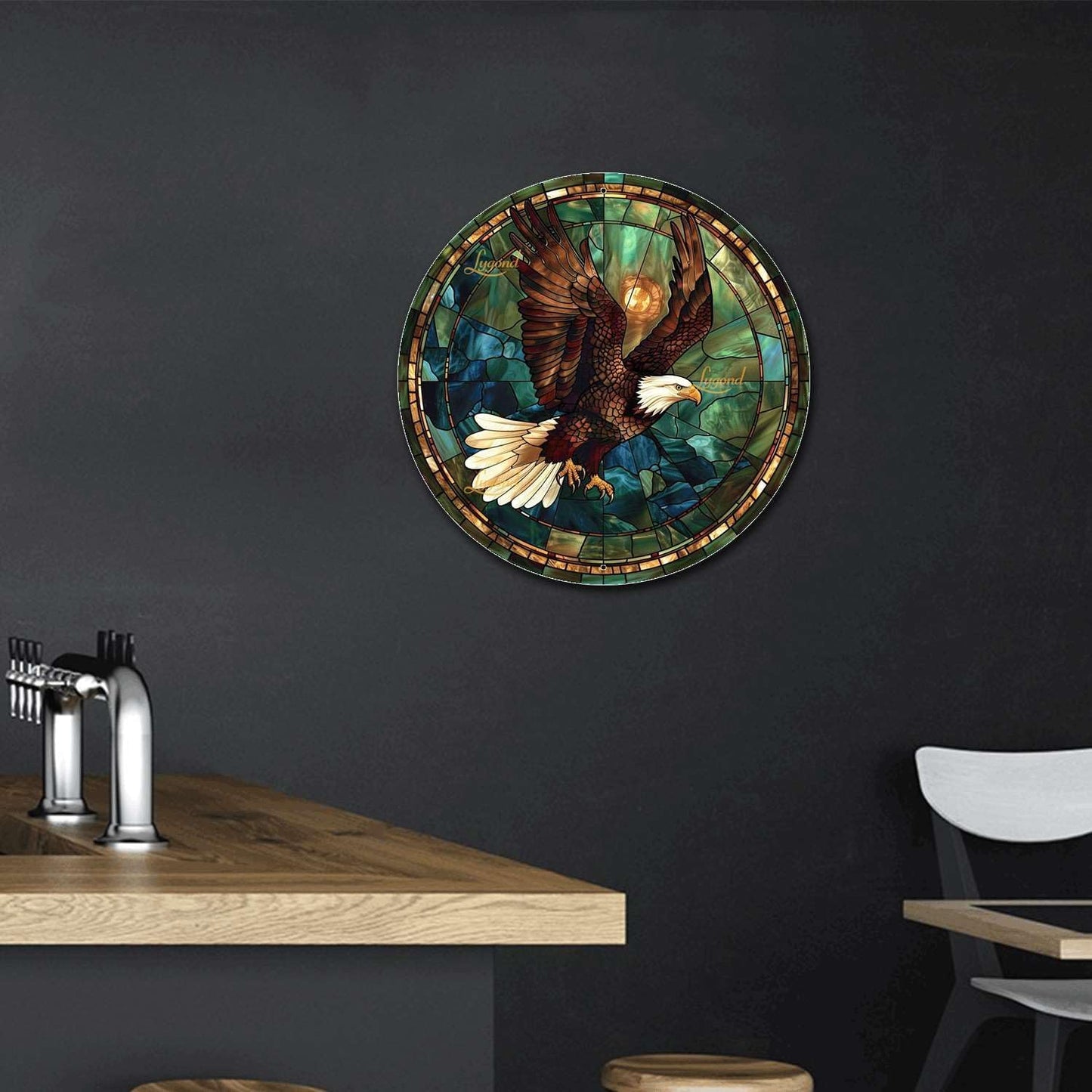 Lygond Metal Sign Tin Sign Circular Stained Glass American Bald Eagle Garden Sign for Restaurant 12×12 Inches