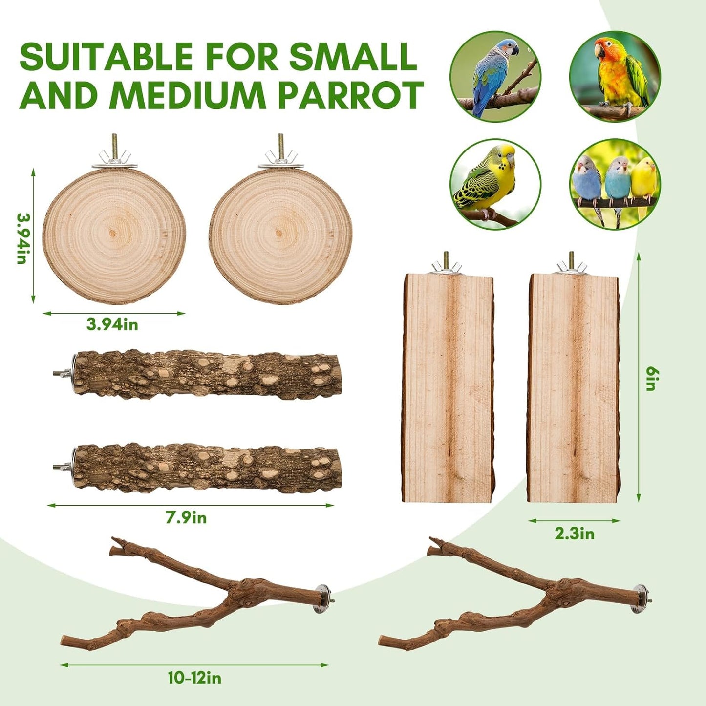 8pcs Brid Perch Bird Cage Accessories 2 Natural Grape Stick Paw Grinding Fork 6 Parrot Stand Bird Toys for Parakeets, Cockatiels, Conure, Budgies