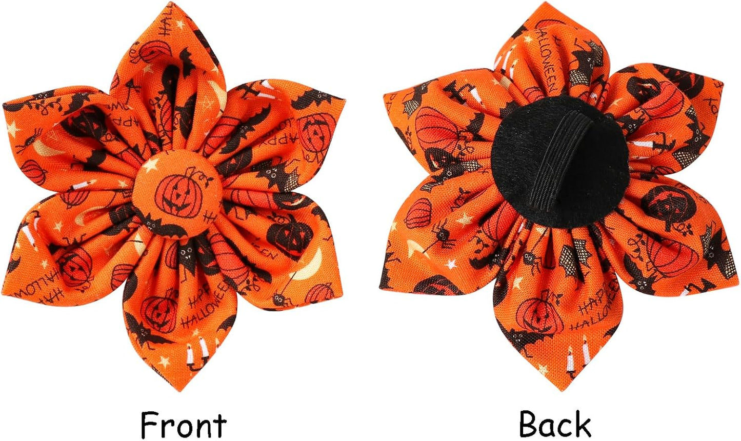 Lionet Paws Halloween Dog Collar with Flower, Cute Fall Orange Dog Collar for Small Dogs, Adjustable Cotton Pumpkin Bat Pet Collars Puppy Collar for Girl Dogs