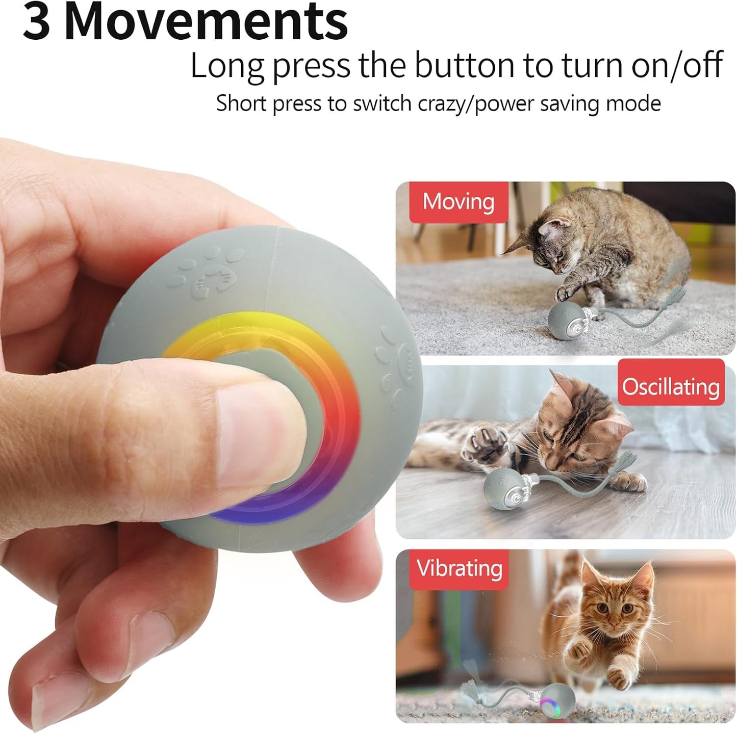 Interactive Cat Toys, Automatic Moving Cat Toy for Bored Indoor Adult Cats, Fast Rolling, Chirping & Motion-Activated Cat Toys, Fun Gift for Cats with Speedy Tail 2.0, USB Rechargeable(Gray)