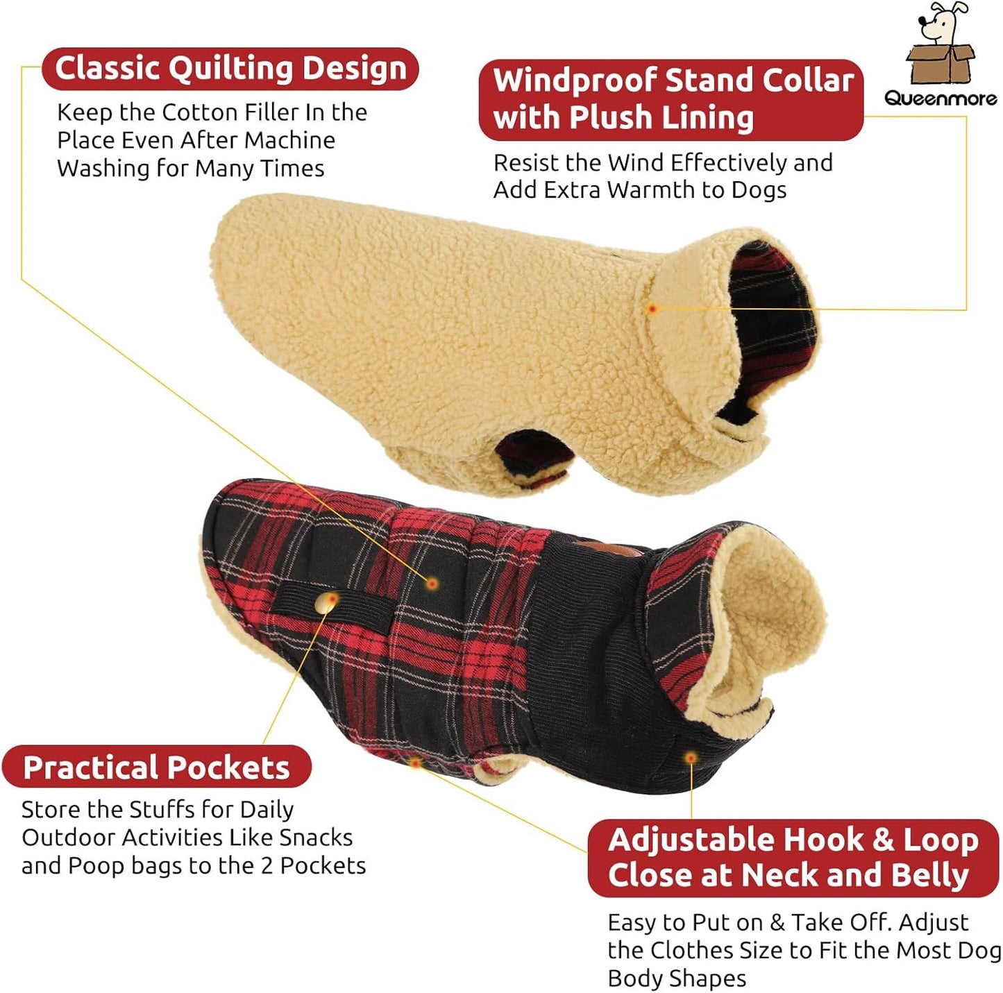 Queenmore Dog Winter Coat Warm Dog Jacket for Cold Weather, Quilting Puffer Plaid Coats for Small/Medium Dogs Waterproof,Girl/Boy Pet Christmas Coat,Pet Snowsuit with Leash Hole/Fleece Padding, XL