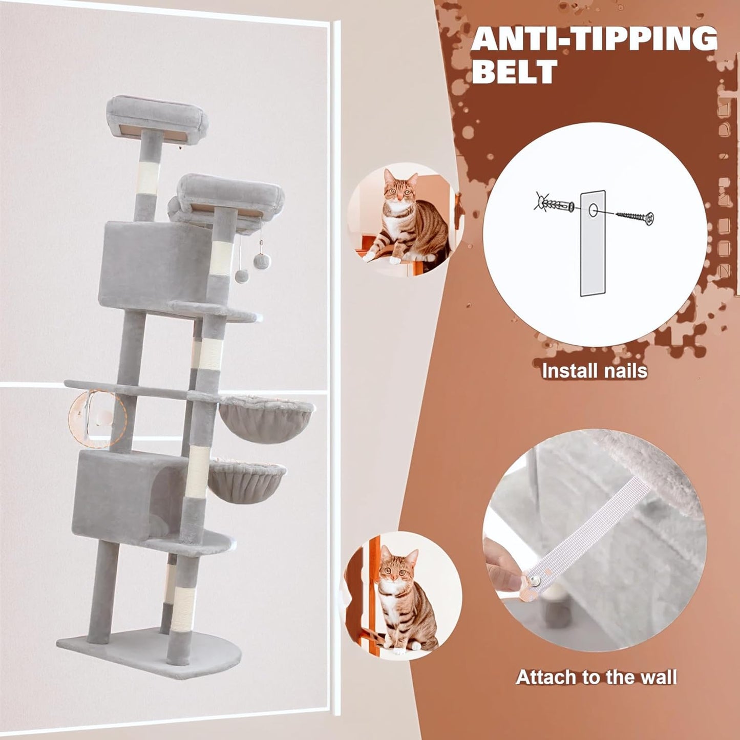 SHA CERLIN 73" Space-Saving Cat Tree/Multi-Level Tall Cat Tower with Perches/Scratching Posts/Condo & Hanging Baskets/Modern Fan-Shaped Design for Indoor Kitties/Pet Activity House/Grey