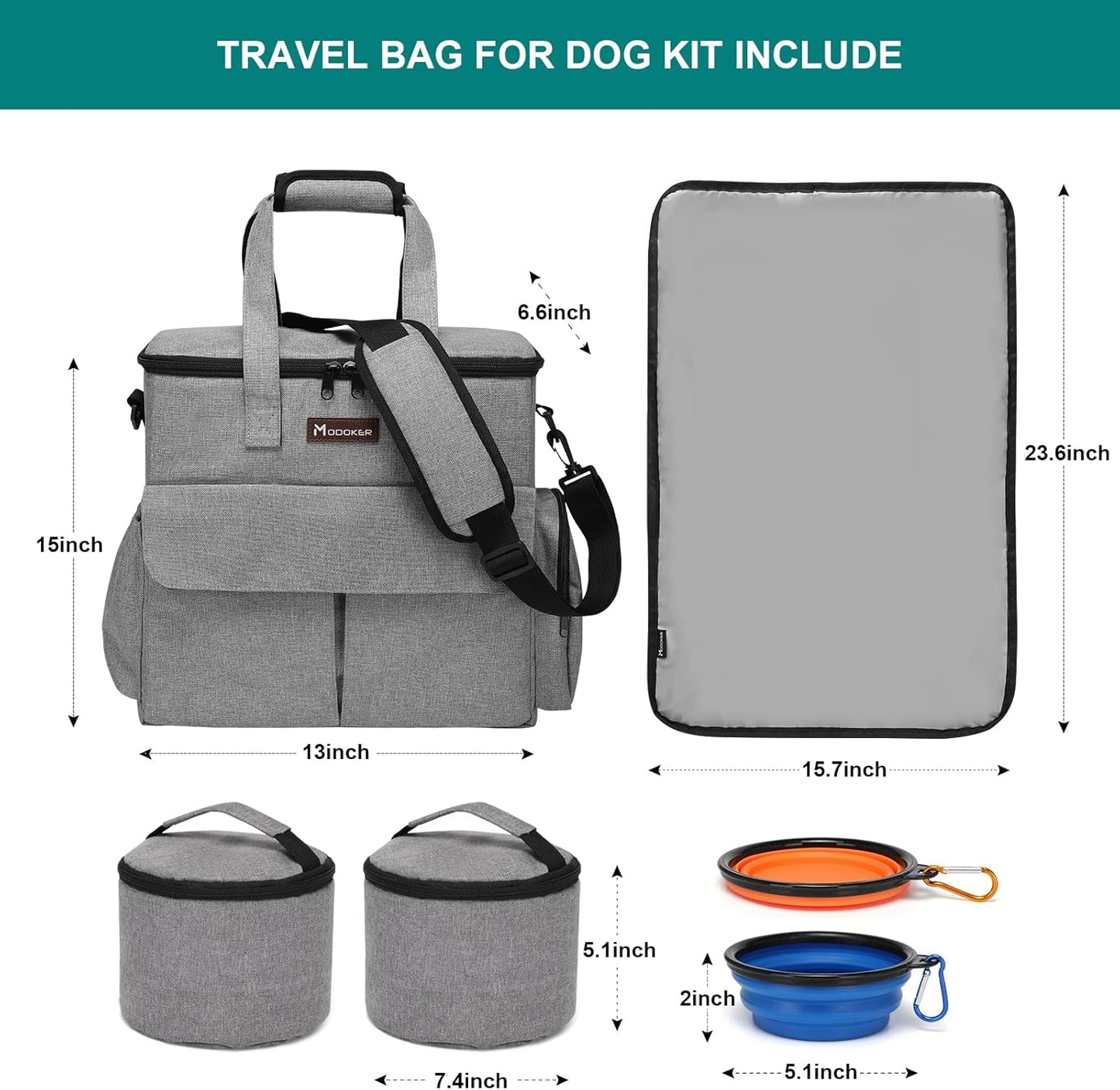 Modoker Dog Travel Bag, Weekend Pet Travel Set for Dog and Cat, Airline Approved Tote Organizer with Multi-Function Pockets, 2 Food Storage Containers, 2 Collapsible Bowls, 1 Feeding Mat (Grey)