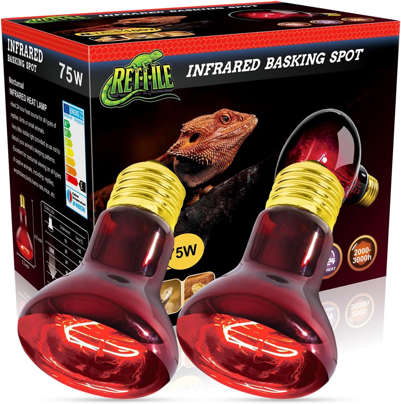 Reptile Heat Lamp Bulb 75W 2PCS, Infrared Heat Emitter Red Heat Lamp for Reptile Amphibian, Infrared Basking Spot Light Bulb