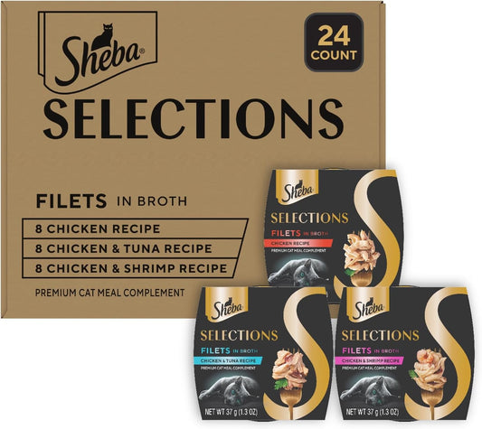 Sheba Selections Filets in Broth Adult Wet Cat Meal Complement Chicken, Tuna, or Shrimp Recipe, 1.3 oz. Cups, 24 Count
