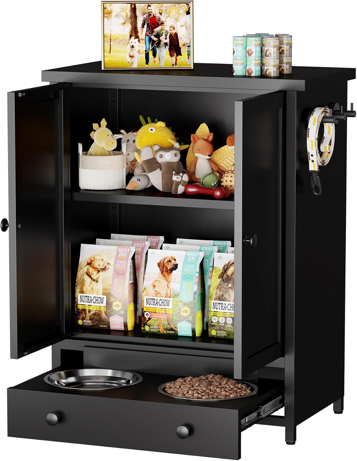 Dog Feeding Station with Storage, Metal Dog Food Storage Cabinet with 2 Elevated Bowls and 3 Hooks, Pet Feeding Station and Food Storage Organizer, Black