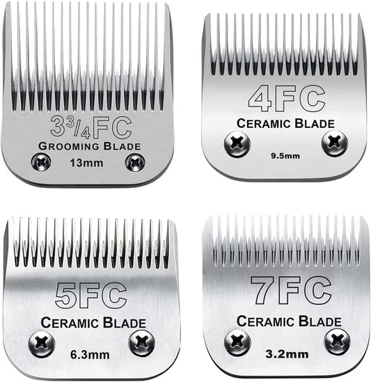 4PACK Dog Grooming Clipper Replacement Blades Compatible with Andis Pet Clipper/Oster A5/Wahl KM Series Dog Clipper,Ceramic Blade & Stainless Steel Blade (#3FC+4FC+5FC+7FC)