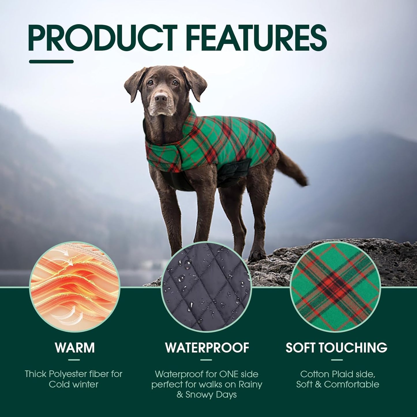 Kuoser Waterproof Dog Coat, Reversible Dog Jacket for Small Dogs, Adjustable Durable Doggie Winter Coat Warm Cozy Puppy Cold Weather Apparel from Small to Large Breed, Christmas Green S