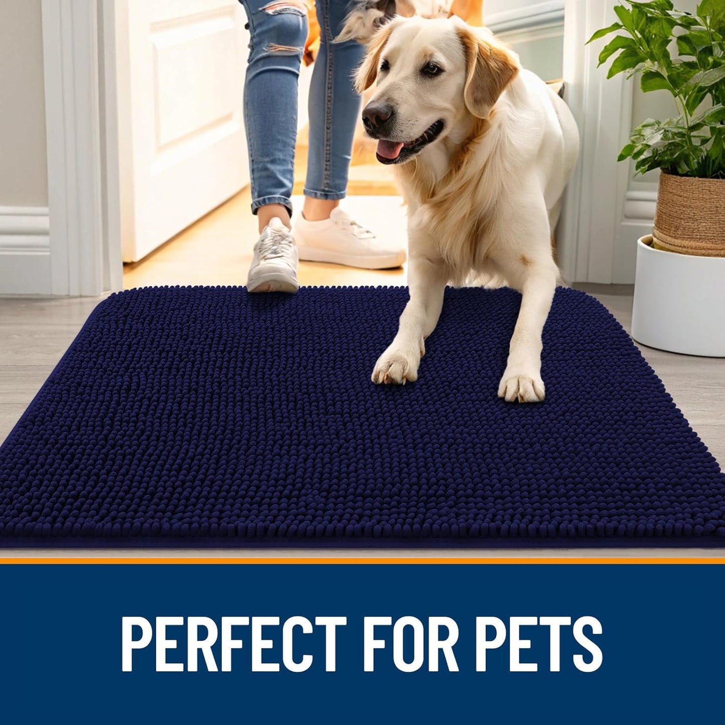 OLANLY Dog Door Mat for Muddy Paws 59x20, Absorbs Moisture and Dirt, Absorbent Non-Slip Washable Doormat, Quick Dry Chenille Mud Mat for Dogs, Entry Indoor Entryway Carpet for Inside Floor, Navy Blue