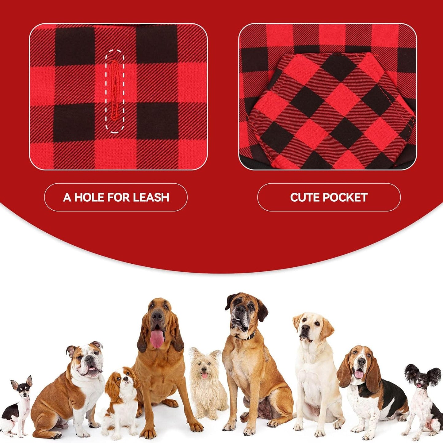 Dog Hoodie Sweater Red Buffalo Plaid Pet Clothes Warm and Soft Breathable Cozy Pet Hoodies for Large Dogs Dog Sweaters for Extra Large Dogs with Pocket(XL)