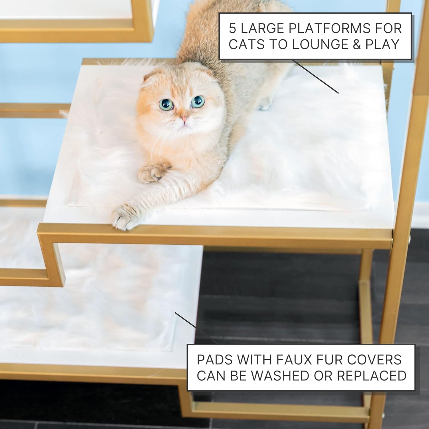 THE REFINED FELINE 62 Inch Tall Metropolitan Cat Condo, Gold Metal Frame Cat Tower, Multi-Level Modern Cat Tree for Indoor Cats, White Platforms with Faux Fur Replaceable Cushions