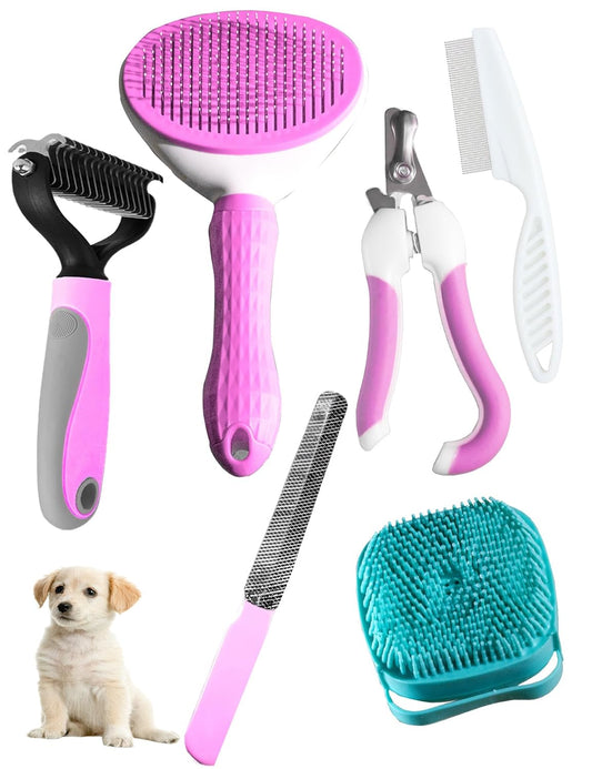 6ps Dog Cat Brush Grooming Kitf, Dog Cat Brushes, Bath Brush, Dematting Rake and Comb, Nail Clipper, Nail File, Flea Comb (Pink 6 Kits)