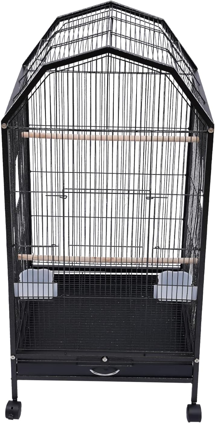 40-Inch Wrought Iron Bird Cage with Open-Top and Rolling Stand, Movable Parrot Cage Pet Bird Flight Cage, 360 Degree View Spacious Interactive Roof Pet Bird House for Medium&Small Birds