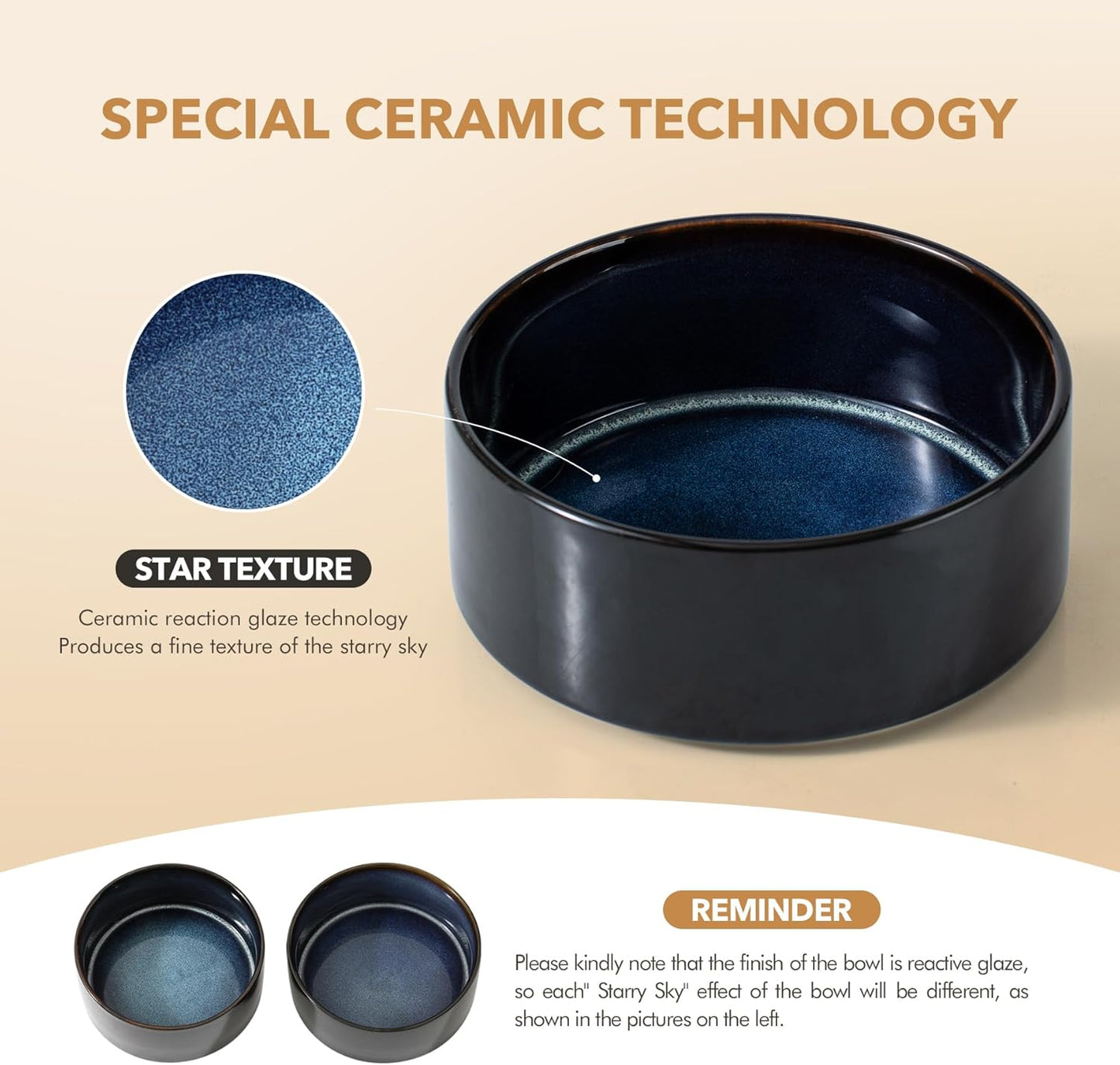 Ceramic 8.2inch Raised Double Dog Bowls Set with Acacia Wood Stand, Food & Water Bowls for Large Breed Dogs, Weighted Pet Dishes(60oz, Starry Sky)