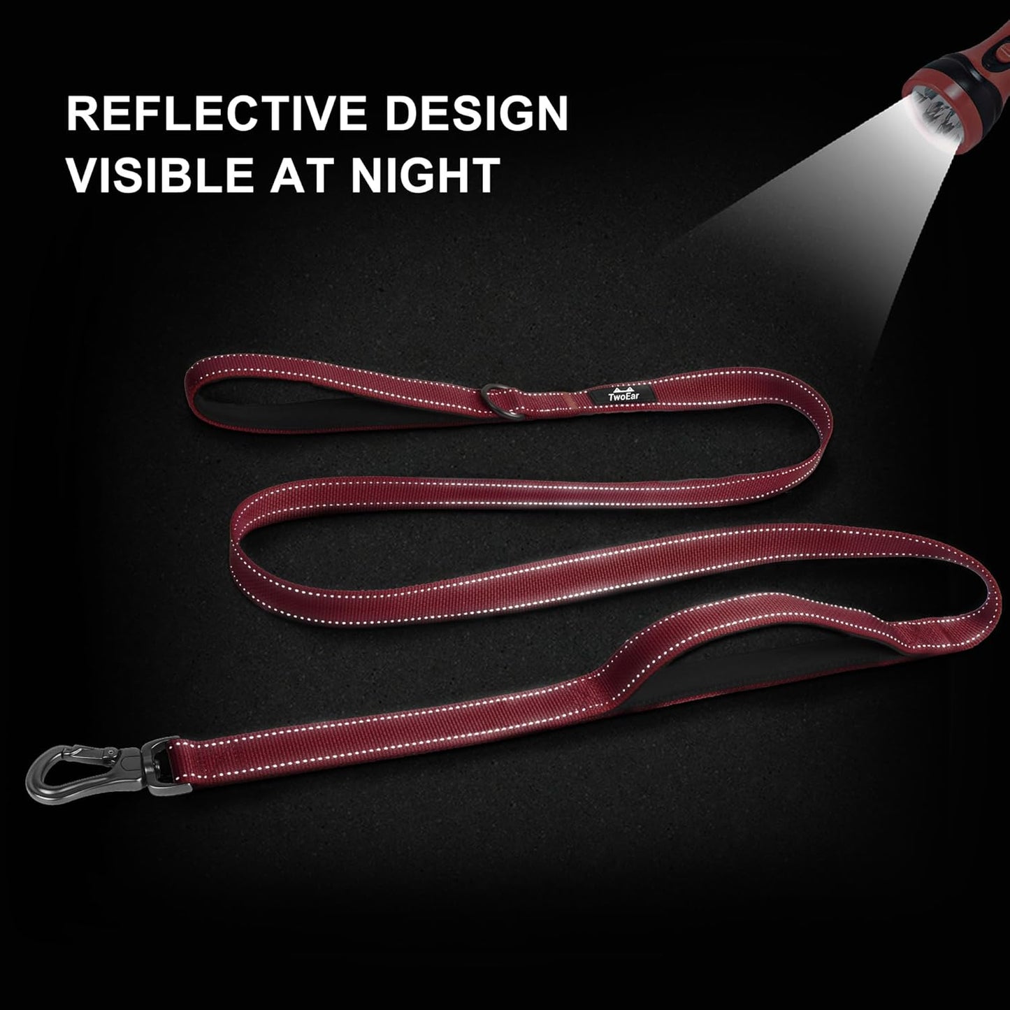TwoEar 4FT 1IN Strong Red Dog Leash with 2 Padded Handles, Traffic Handle Extra Control, Comfortable Soft Dual Handle, Auto Lock Hook, Reflective Walking Lead for Small Medium and Large Dogs