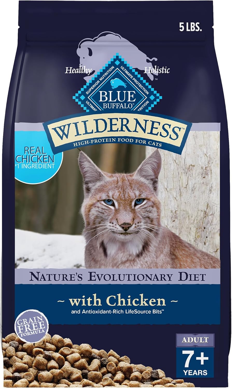 Blue Buffalo Wilderness Natural Mature Dry Cat Food for Cats 7+ Years, High-Protein and Grain-Free Diet, Supports Immune System Health and Energy to Stay Active, Chicken, 5-lb. Bag