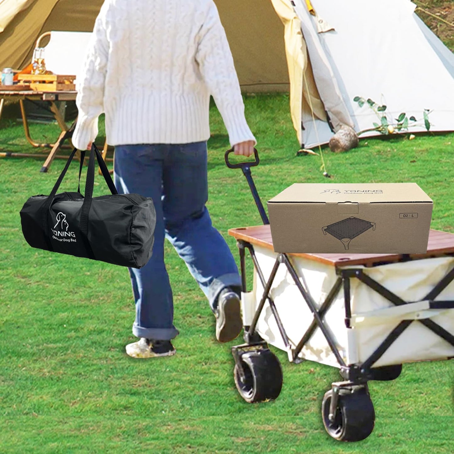 Outdoor Elevated Bed for Large Medium Dogs, Easy to Assemble With Portable Bag, Raised Cot With Pet-Friendly Feet, Breathable Mesh for Camping or Travel, Dark Grey