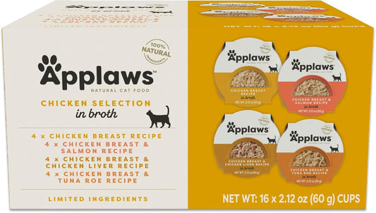 Applaws Natural Wet Cat Food, Limited Ingredient, Grain-Free, Protein with No Artificial Additives, Variety Chicken Selection in Broth (16 x 2.12 oz Easy-Open Cups)