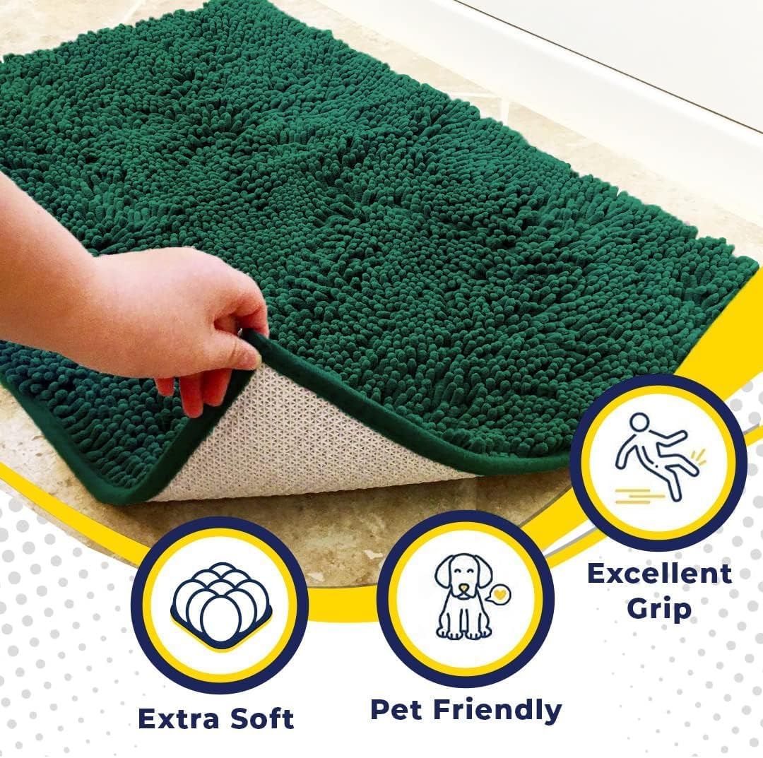 Muddy Mat® AS-SEEN-ON-TV Highly Absorbent Microfiber Door Mat and Pet Rug, Non Slip Thick Washable Area and Bath Mat Soft Chenille for Kitchen Bedroom Indoor and Outdoor - Dark Green 24" x 120"