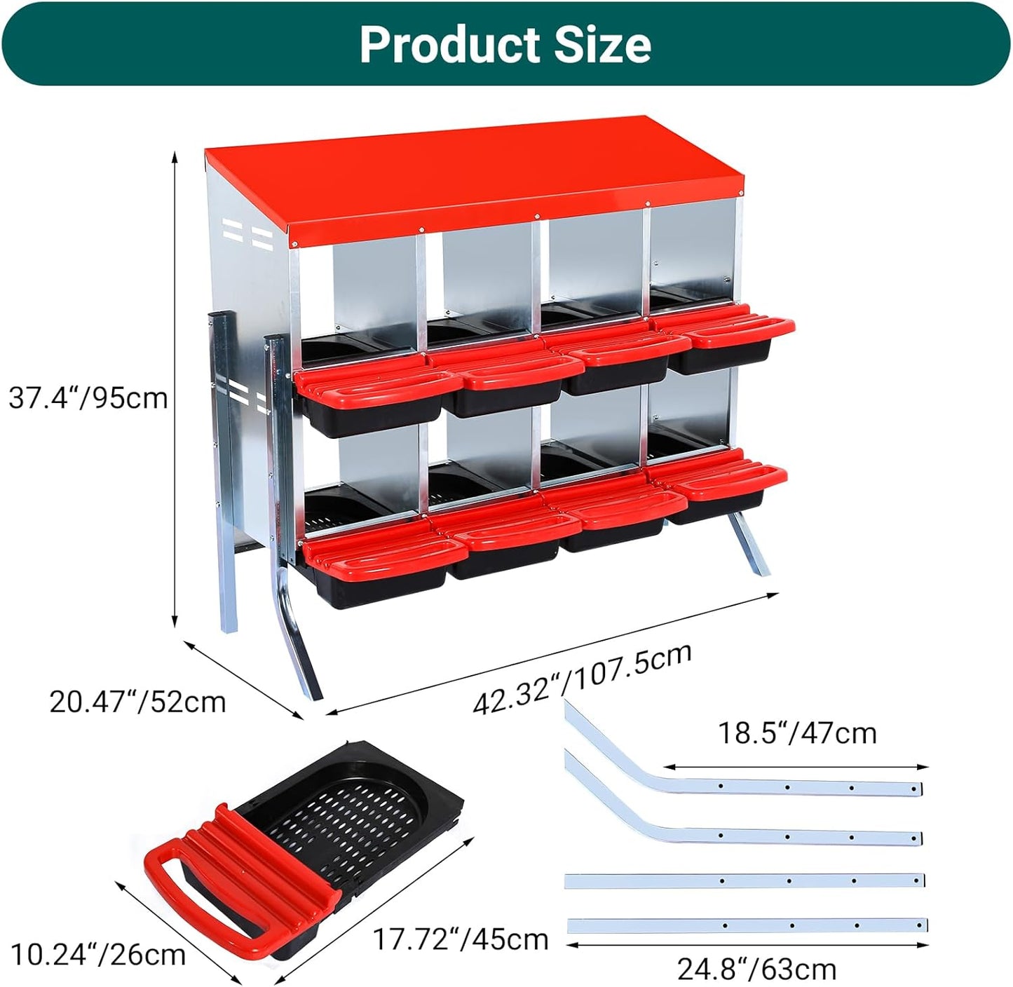 Nesting Boxes for Chickens, Chickens Laying Boxes for Chicken Coop with Legs, 8 Compartments Chicken Nesting Boxes, with Removable Tray, Easy Cleaning, for Hens Outdoor Chicken Coop Farm Yard, Red