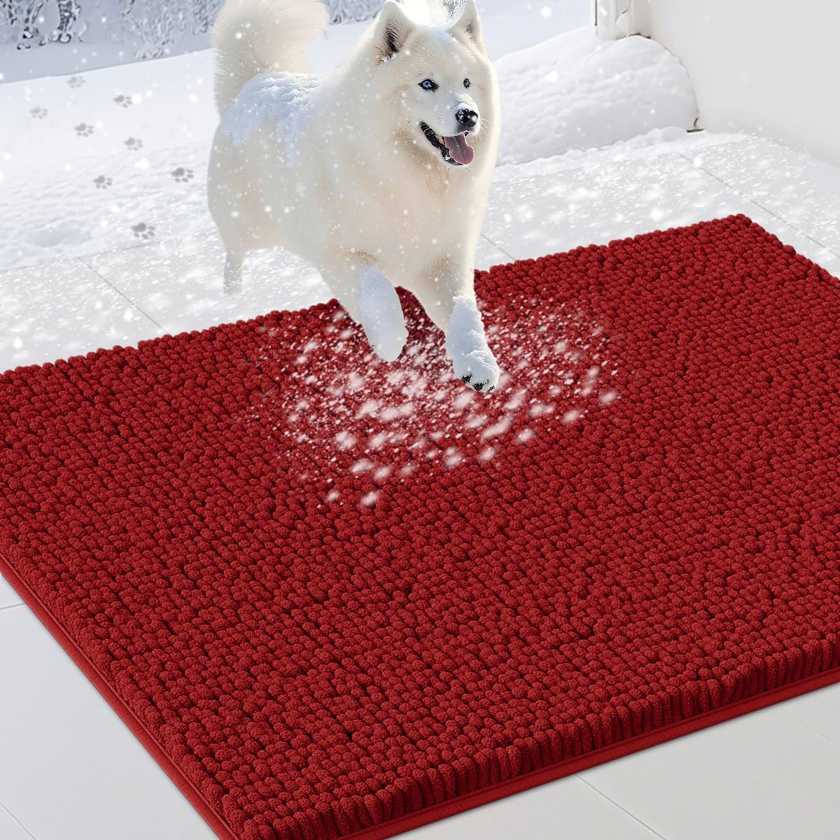 Dog Door Mats for Muddy Paws, Chenille Absorbent Door Mats, Non Slip Heavy Mud Mat for Dogs, Soft Indoor Door Mat for Entryway, Mud Paws, Inside Floor,30" X 20", Red