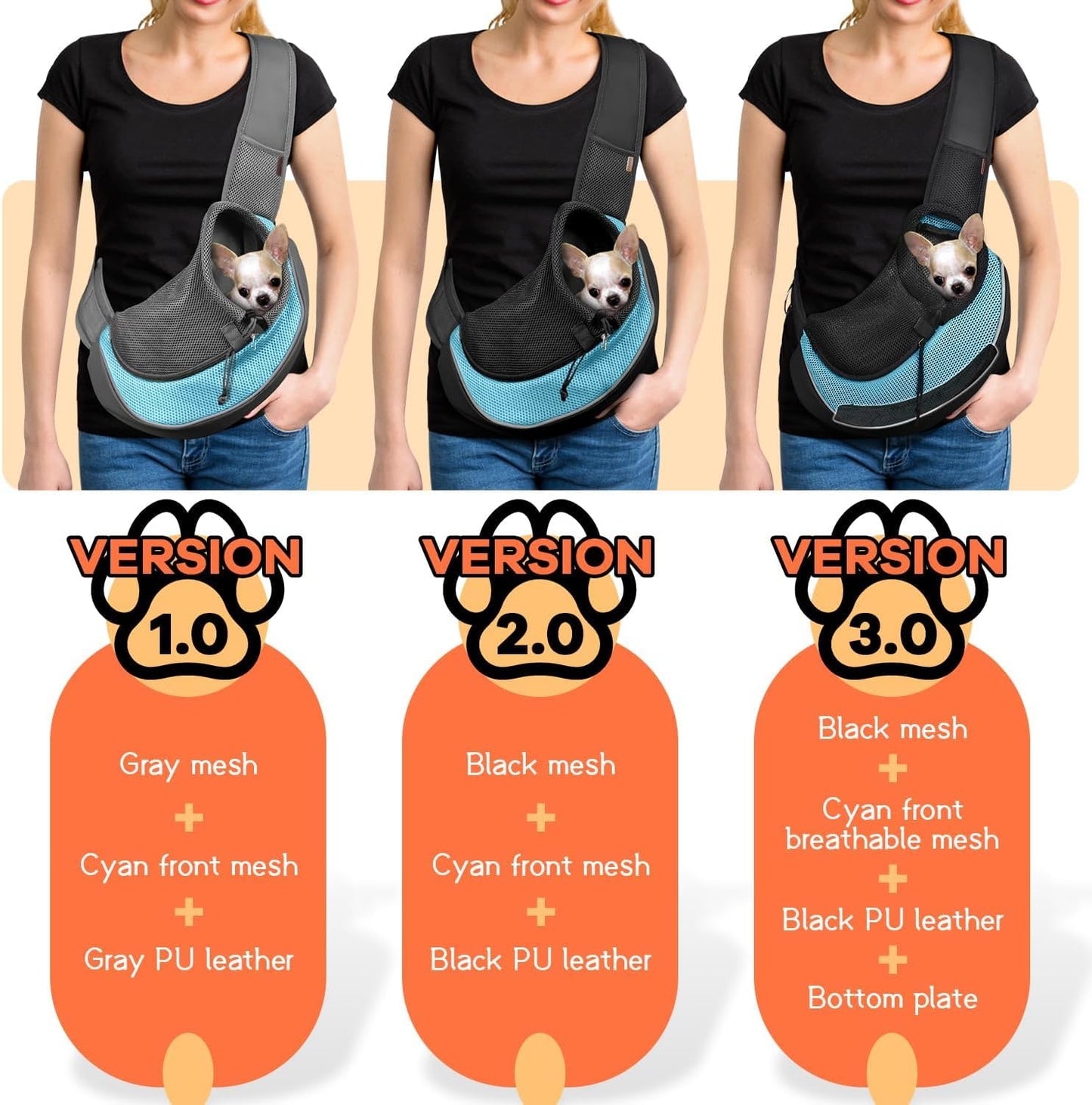 YUDODO Pet Sling Carrier for Small Dogs & Cats – Hands-Free Puppy Carrier with Safety Hook, Large Zipper Pocket, Soft Breathable Mesh, Adjustable Strap & Reflective Strip (Cyan 1.0 S)