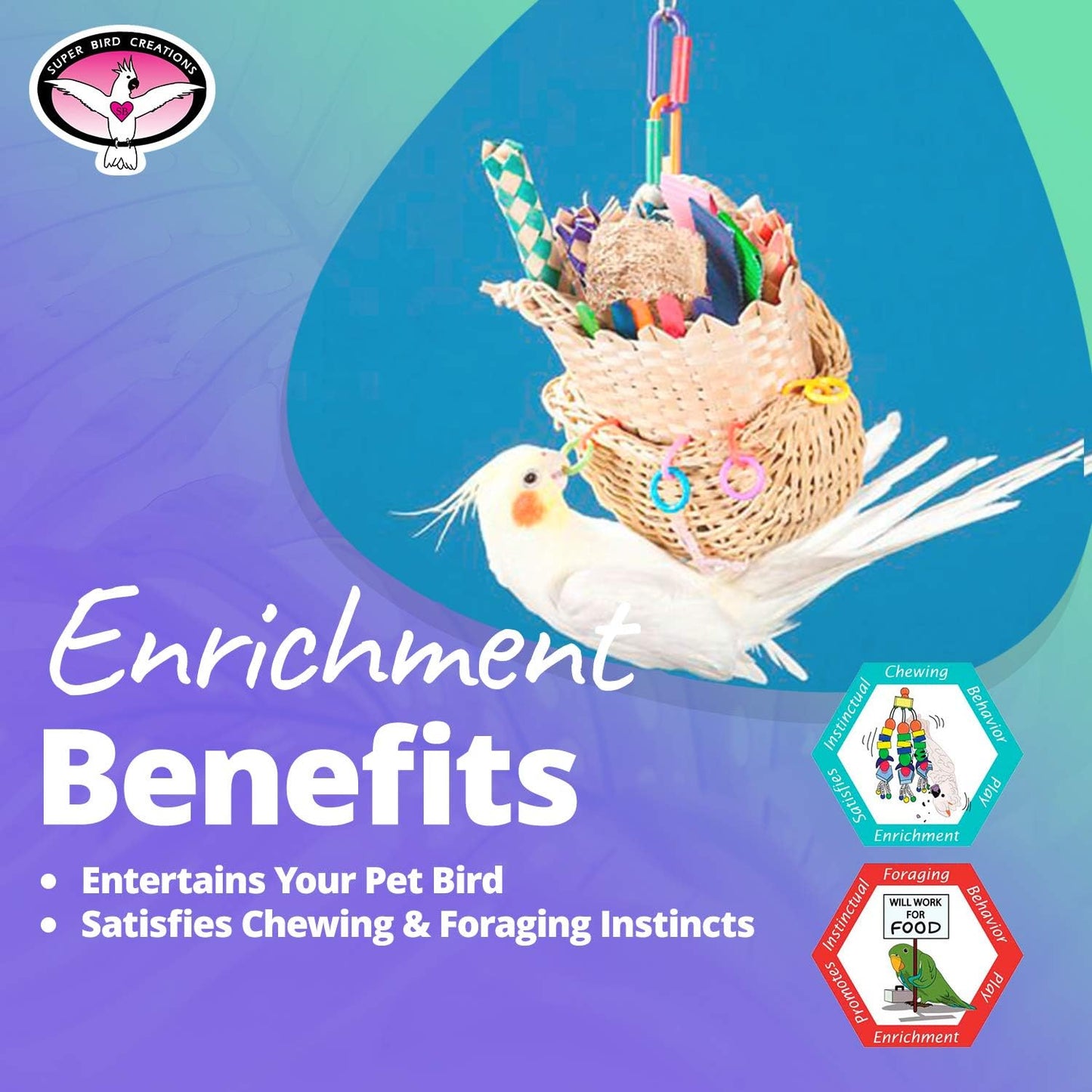 Super Bird Creations SB669 Wicker Foraging Basket Bird Toy for Parrots Cockatiels Ringnecks Medium Conures Quakers,Caiques Pionus - Crunchy Multi-Colored Textures - Medium Bird Size, 10” x 4” x 5”