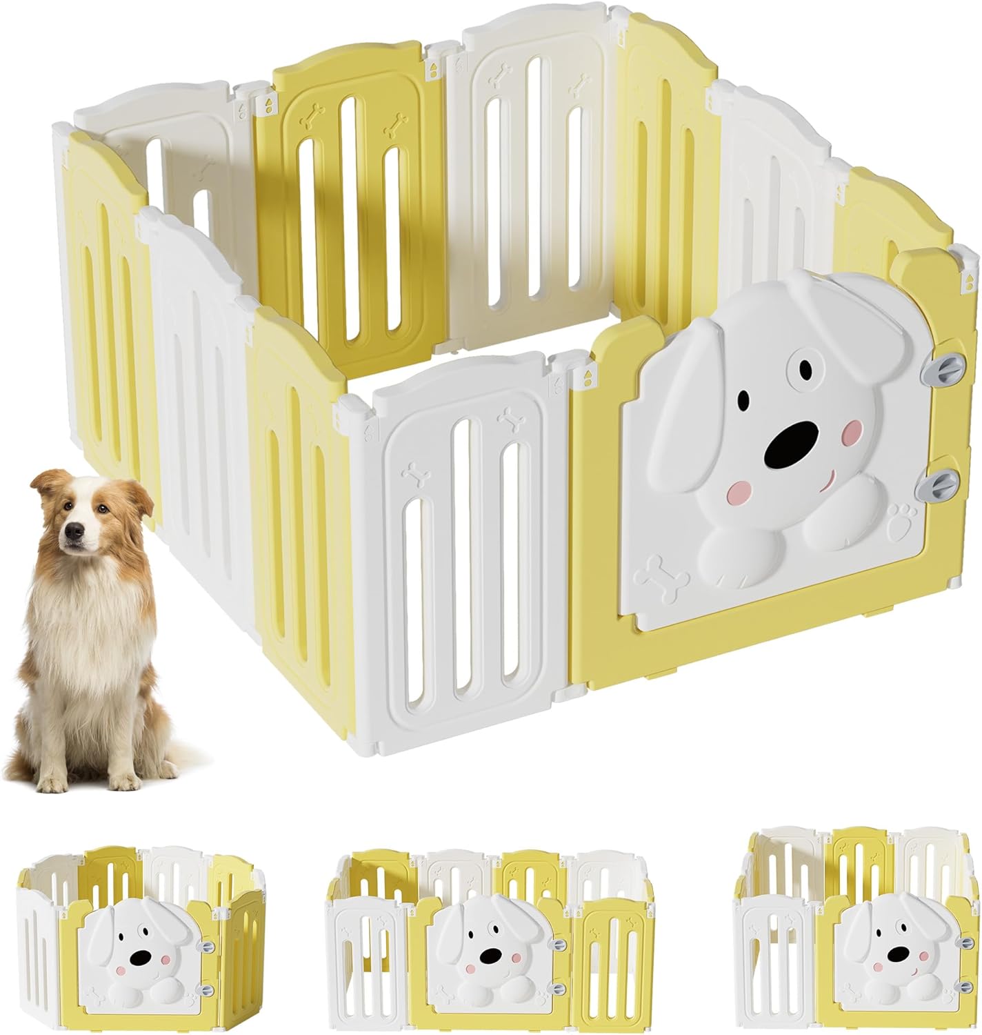 Foldable Dog Play Pen Indoors, Non-Slip Sturdy Puppy Playpen with Door, 25.5" H 10-Panel Adjustable Shape Dog Fence Pen for Small/Medium Dogs, Thickened, Easy to Store, White+Yellow